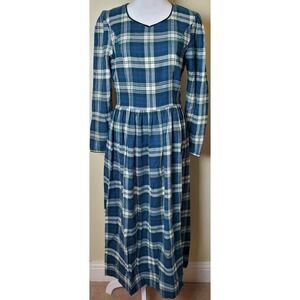 Vintage Laura Ashley Wool Cotton Green Tartan Plaid Dress Prairie Cottagecore 10